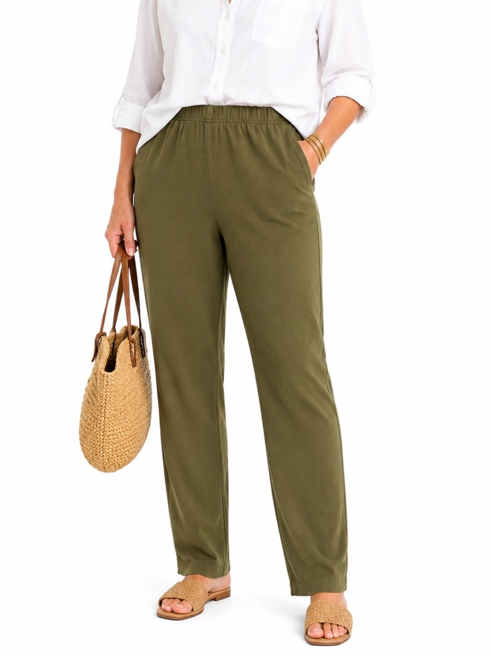 Lands’ End Size XL 18 Olive Green Pull-On Knit Pants 100% Cotton